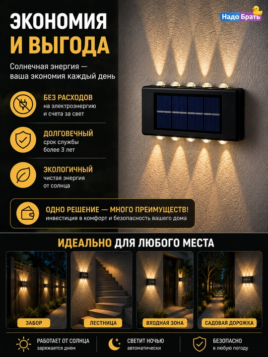 Quyosh batareyali devor chiroqlari 2 dona, bog‘ va panjara uchun iliq oq yorug‘lik