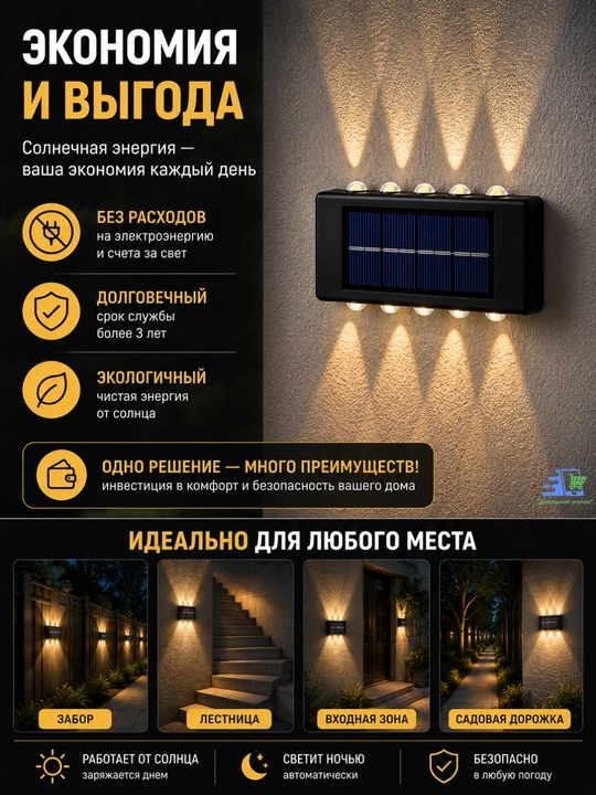 Quyosh batareyali devor chiroqlari 2 dona, bog‘ va panjara uchun iliq oq yorug‘lik