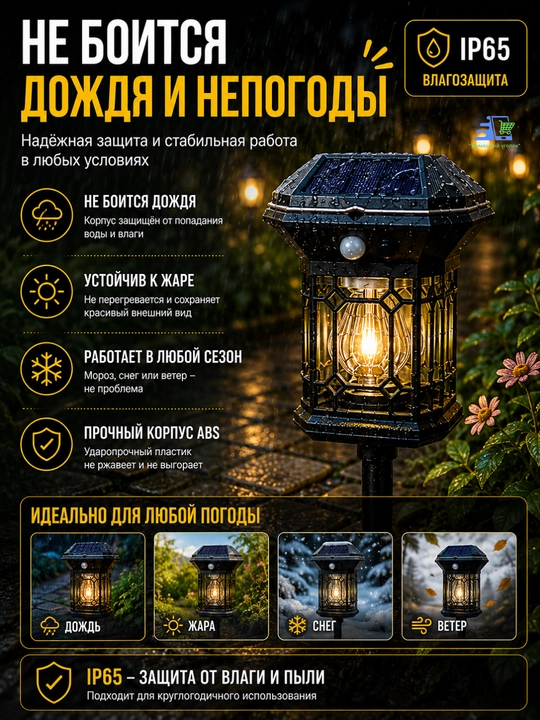 Quyosh batareyali bog‘ chirog‘i, hovli va bog‘ uchun LED fonar, IP65