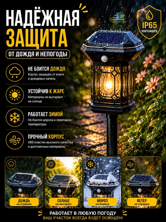 Quyosh batareyali bog‘ chirog‘i, hovli va bog‘ uchun LED fonar, IP65