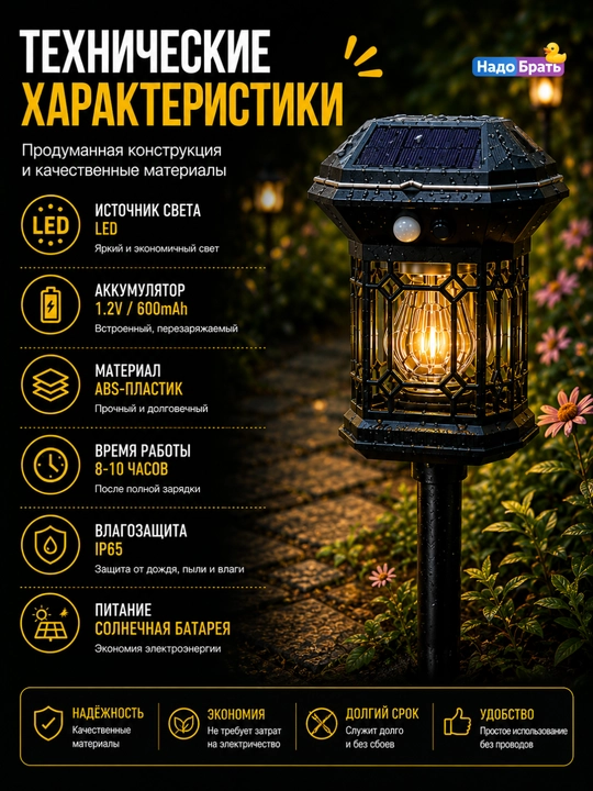 Quyosh batareyali bog‘ chirog‘i, hovli va bog‘ uchun LED fonar, IP65