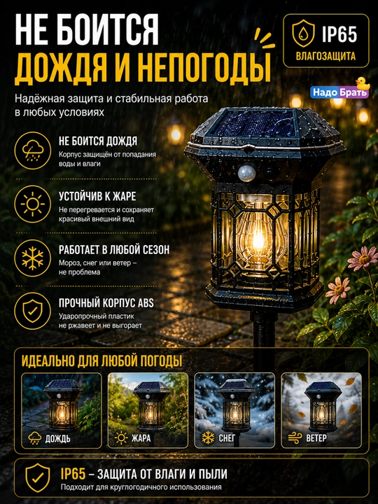 Quyosh batareyali bog‘ chirog‘i, hovli va bog‘ uchun LED fonar, IP65
