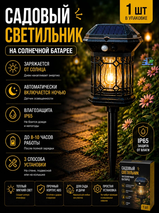 Quyosh batareyali bog‘ chirog‘i, hovli va bog‘ uchun LED fonar, IP65