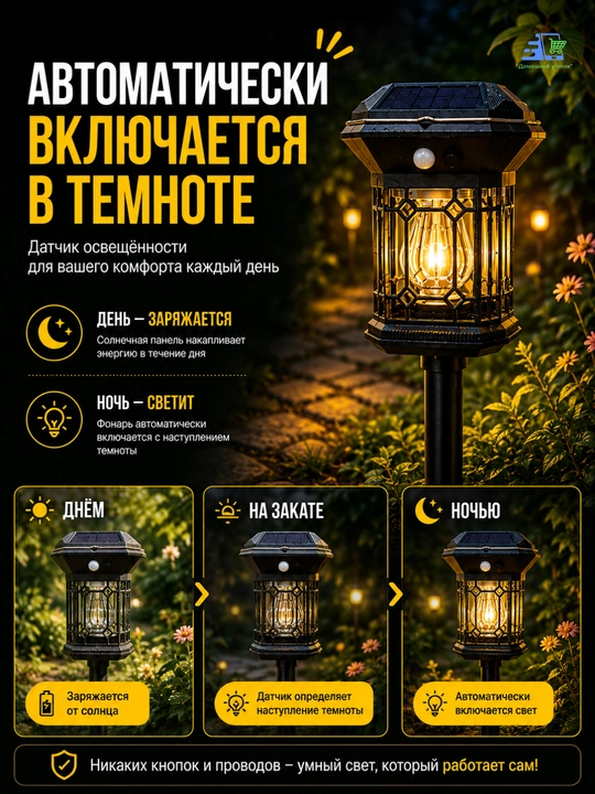 Quyosh batareyali bog‘ chirog‘i, hovli va bog‘ uchun LED fonar, IP65