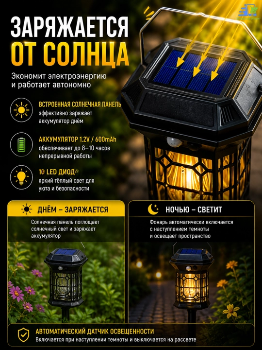 Quyosh batareyali bog‘ chirog‘i, hovli va bog‘ uchun LED fonar, IP65