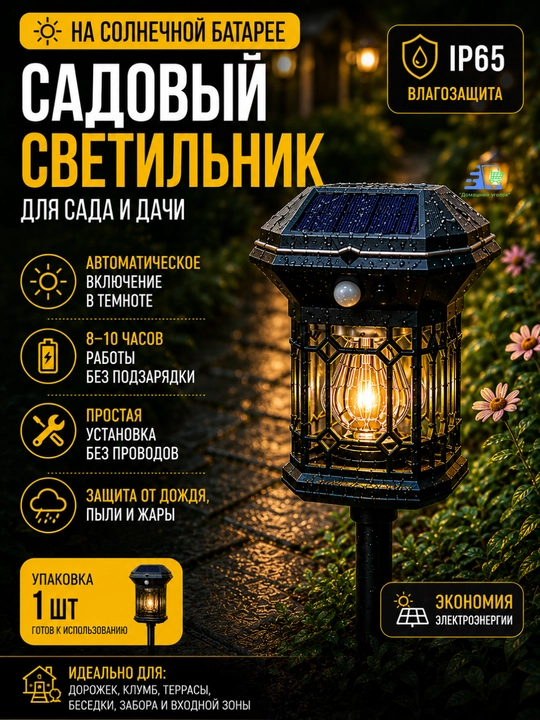 Quyosh batareyali bog‘ chirog‘i, hovli va bog‘ uchun LED fonar, IP65 - 