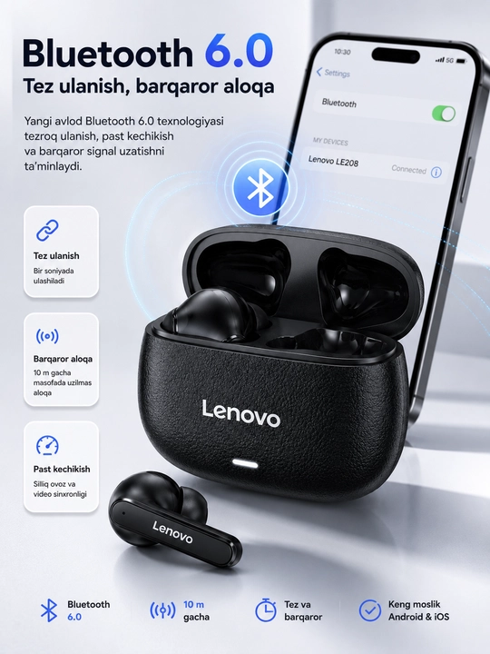 Lenovo LE208 simsiz quloqchinlar, bluetooth naushnik TWS, 24 soat