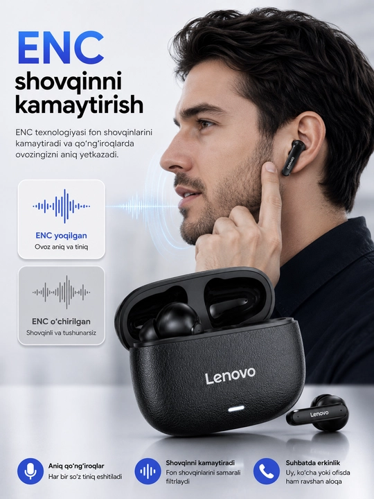 Lenovo LE208 simsiz quloqchinlar, bluetooth naushnik TWS, 24 soat