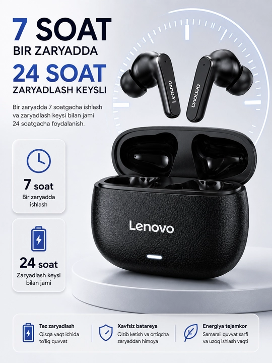 Lenovo LE208 simsiz quloqchinlar, bluetooth naushnik TWS, 24 soat
