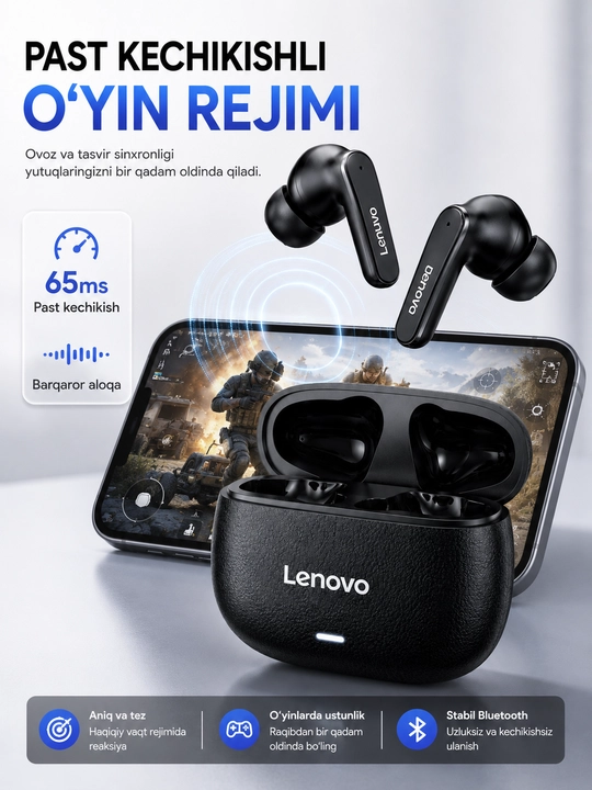 Lenovo LE208 simsiz quloqchinlar, bluetooth naushnik TWS, 24 soat