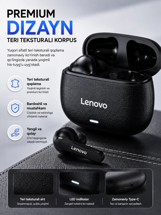 Lenovo LE208 simsiz quloqchinlar, bluetooth naushnik TWS, 24 soat