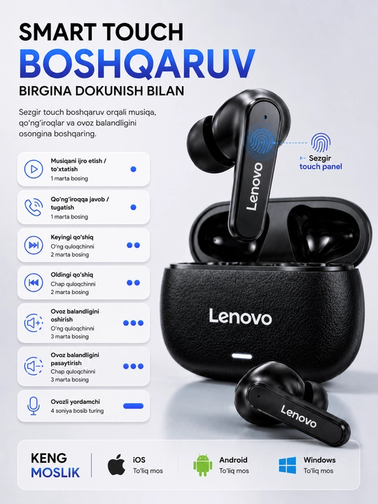 Lenovo LE208 simsiz quloqchinlar, bluetooth naushnik TWS, 24 soat