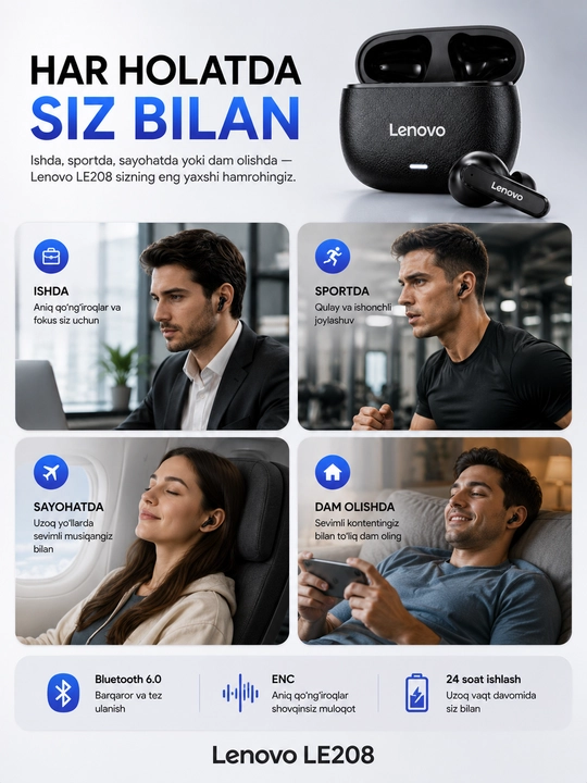 Lenovo LE208 simsiz quloqchinlar, bluetooth naushnik TWS, 24 soat