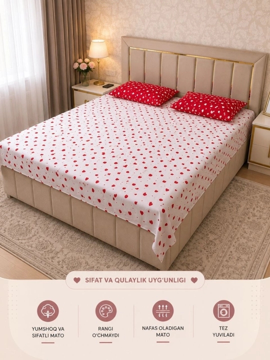 Paxta matosidan choyshablar toʻplami, 220×240 sm, 2 ta yostiq jildi 50×70 sm - 