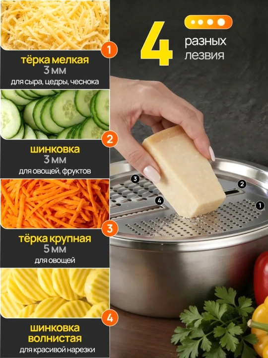 Кухонный набор, 3 в 1, из нержавеющей стали: дуршлаг, терка и контейнер