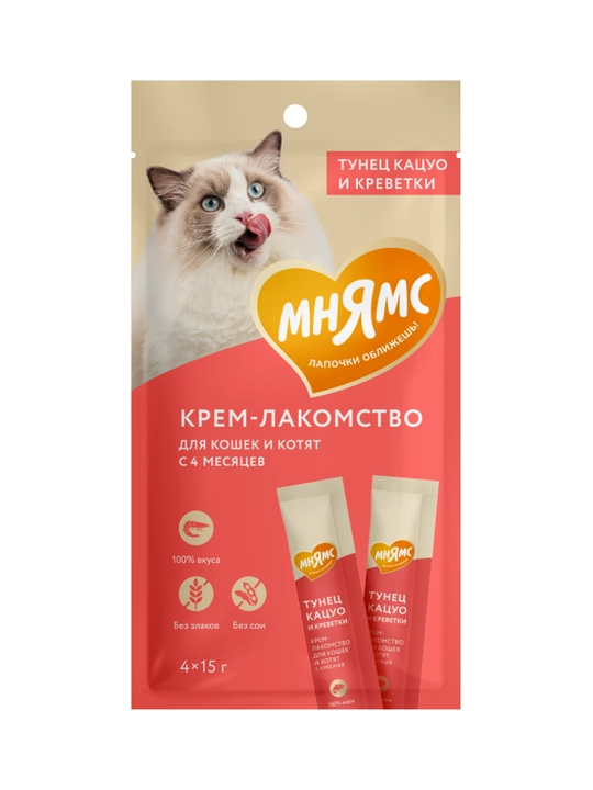 МНЯМС Mushuklar va mushukchalar uchun Katsuo tunesi shirinlik kremi 4 x 15gr