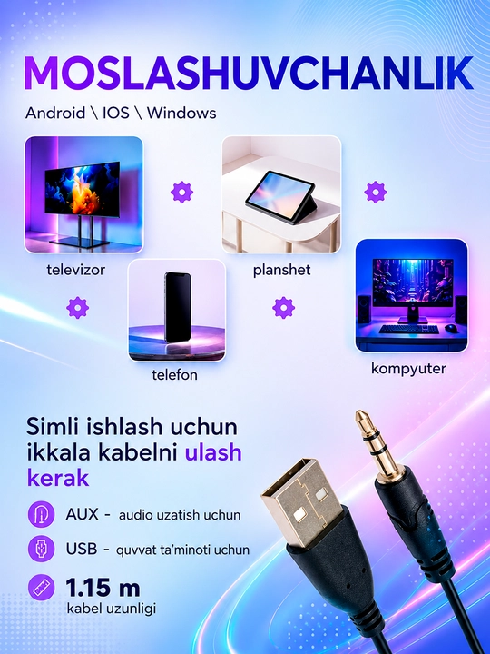 Bluetooth saundbar 6Vt, kompyuter, Smartfon,  noutbuk va televizor uchun stereo kolonka