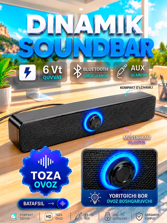 Bluetooth saundbar 6Vt, kompyuter, Smartfon,  noutbuk va televizor uchun stereo kolonka - 