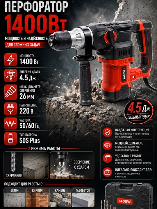 Перфоратор WORKLUX 1400W, 26 мм, 4.5J SDS Plus, профессиональный, 220 Вт - 