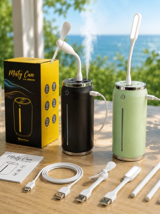 Mini uvlajnitel 3 tasi 1 da, ventilyator, LED lampa, USB, yozgi salqinlik uchun