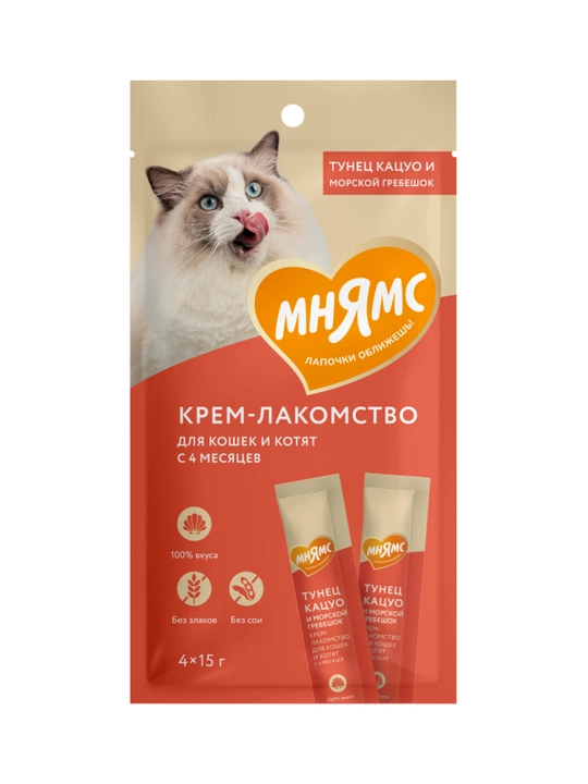 МНЯМС Mushuklar uchun krem mushuklar uchun Katsuo orkinos va tarağı qo'shilgan 4x15gr - 