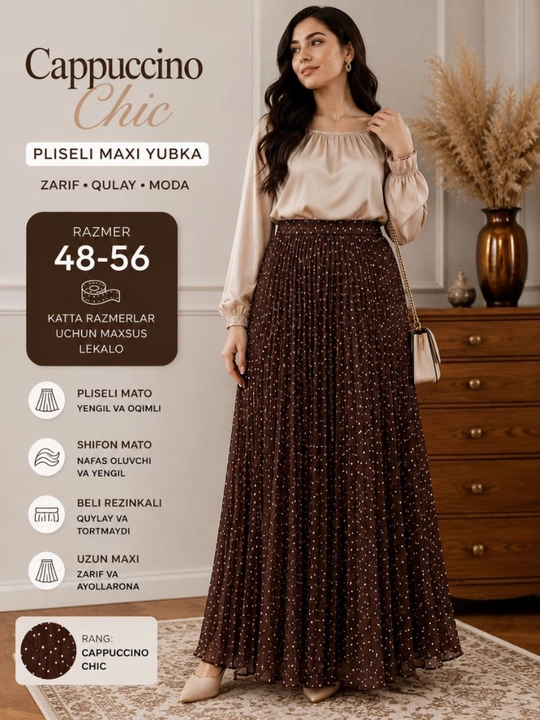 Burmali ayollar shifon yubkasi, no‘xatsimon, rezinka bilan Belda, katta o‘lchamlar 48-56