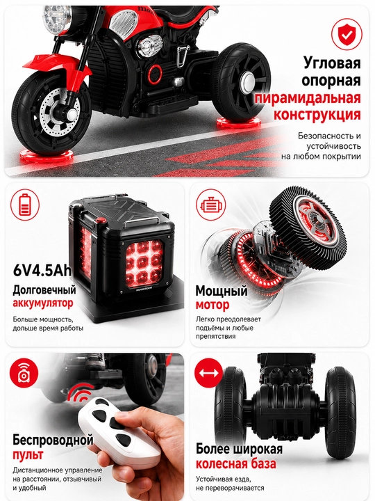 Bolalar elektr mototsikli, 3 g‘ildirakli, BT, musiqa, chiroq, 6V4.5Ah