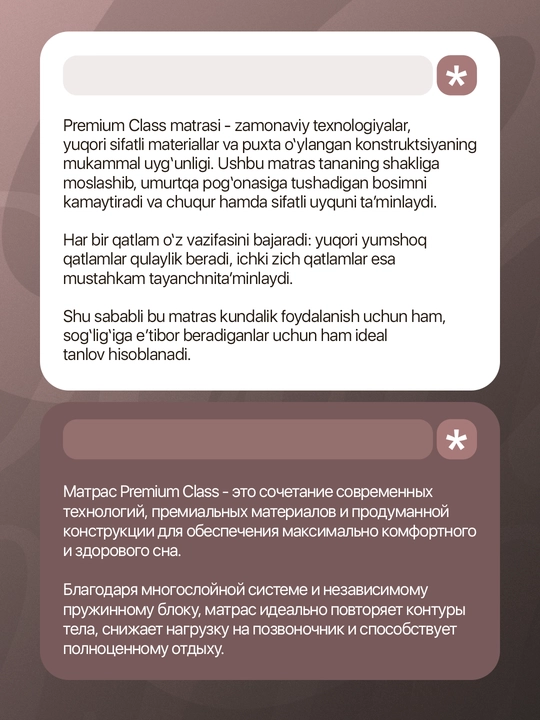 Matras PREMIUM CLASS, anatomik (bir kishilik va ikki kishilik, balandligi 25 sm)