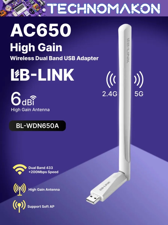 Двухдиапазонный Wi-Fi адаптер LB-LINK, с поддержкой WiFi 2.4 ГГц и 5 ГГц, 650 Mbps - 