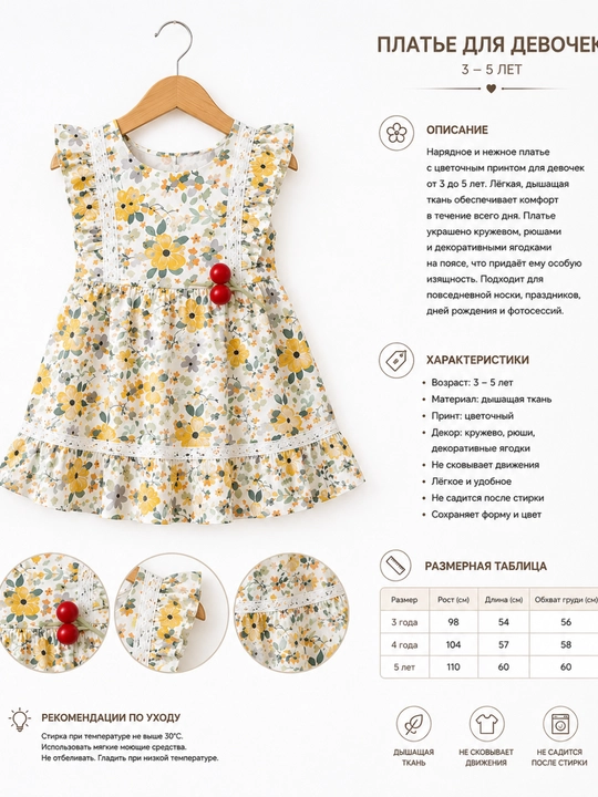 Нарядное платье для девочек 3–5 лет с цветочным принтом