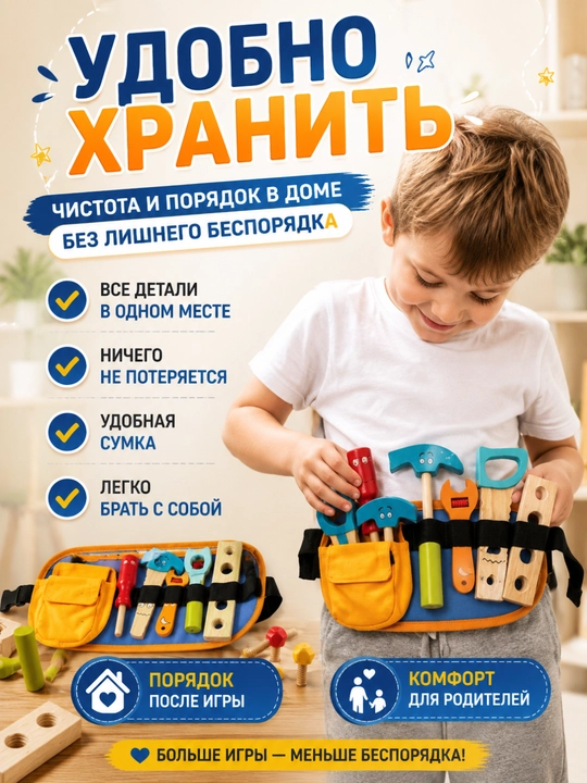 Игрушечный набор инструментов детский деревянный, набор строителя на поясе-сумке