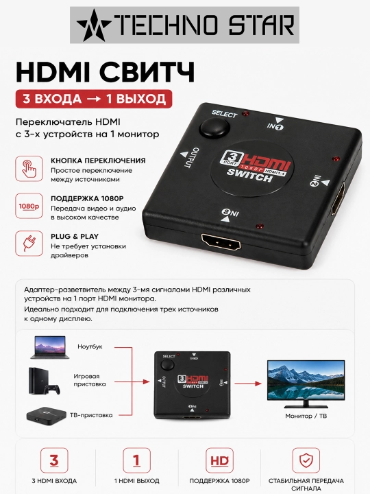 Переключатель свитч с 3-х HDMI на 1 монитор, кнопка - 