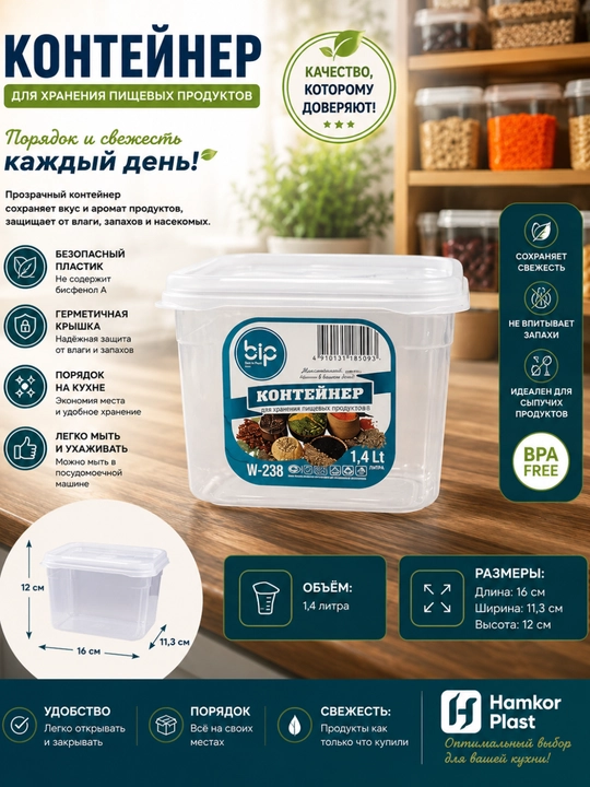 Пластиковый контейнер для хранения пищевых продуктов. 1.4 /2 литр