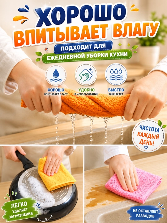 Набор салфеток из микрофибры 5 шт 30x30 см для кухни уборки дома и авто