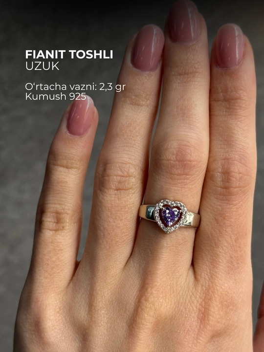 925 probali kumushdan yasalgan fianitli uzuk, yurak