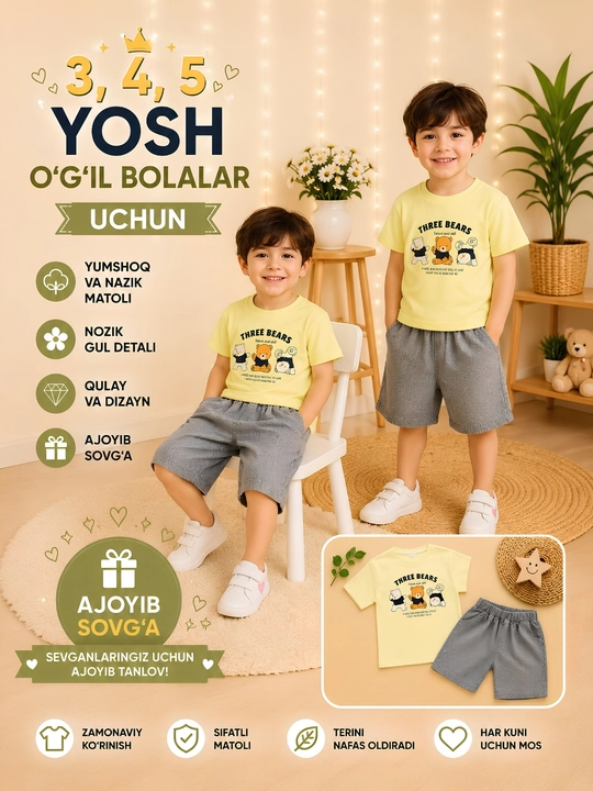 O‘g‘il bolalar yozgi dvoyka to‘plam – futbolka va jinsi shortik,3-7 yosh,100% paxta,Xitoy - 