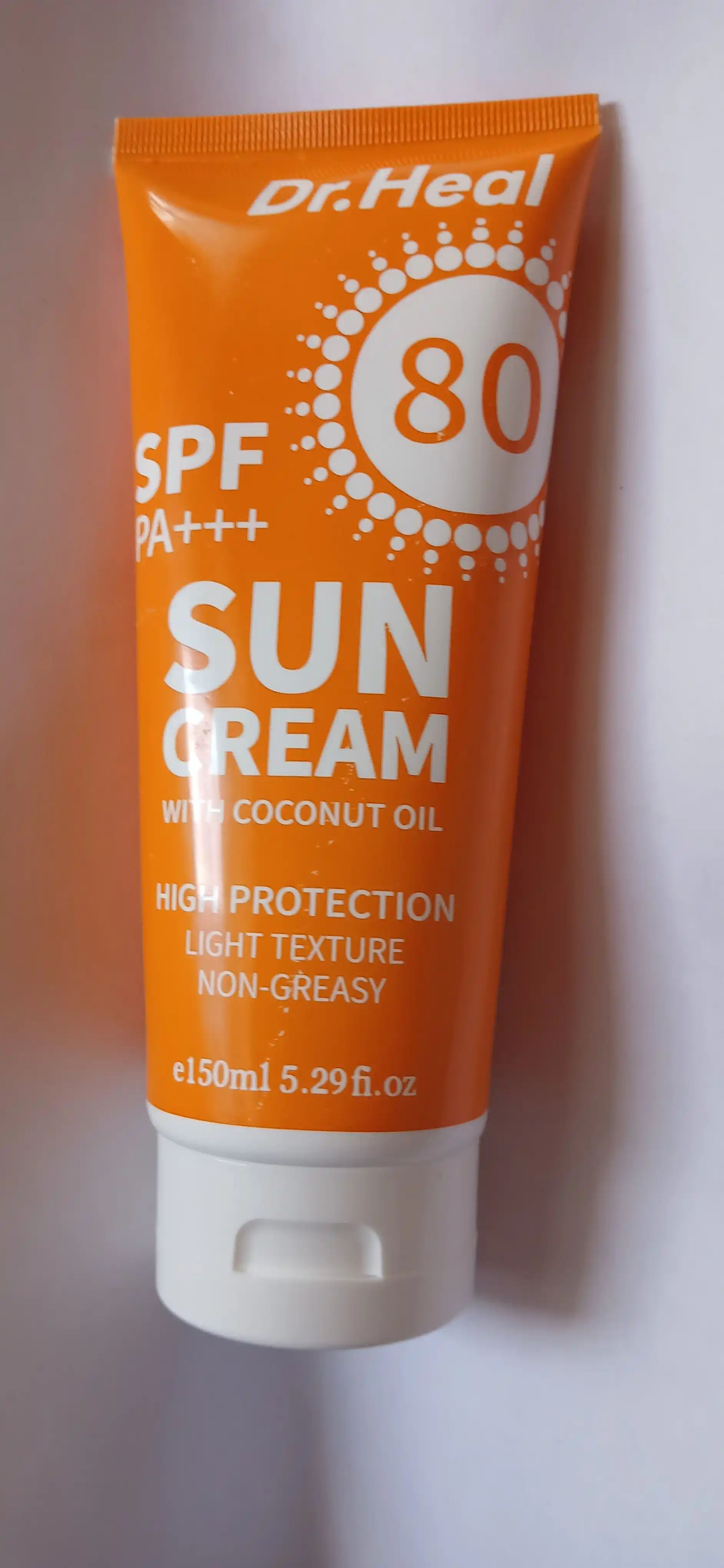 Quyoshdan himoyalovchi krem Dr. Heal Sun Cream SPF 80 PA+++, E vitamini, kokos moyi, 150 ml