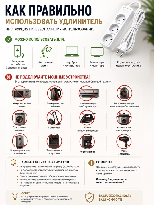 Удлинитель 3 розетки 220В — 2м / 3,5м / 6м