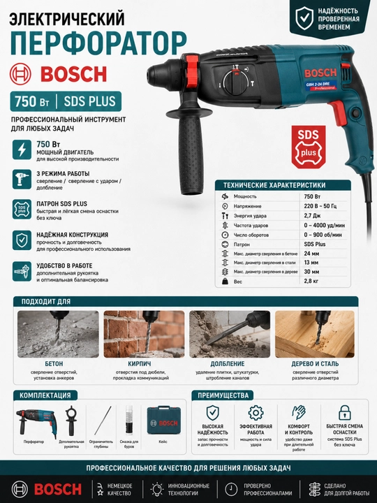 Электрический перфоратор 750 Вт, Профессиональный SDS Plus - 