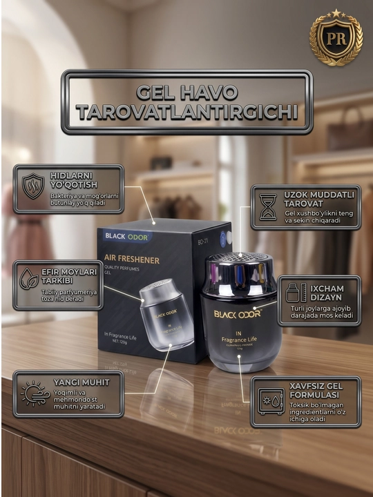 Avtomobil va uy uchun Black Odor BO-21 gelli aromatizator, hid yo'qotuvchi, 120g