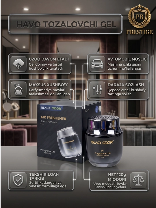 Avtomobil va uy uchun Black Odor BO-21 gelli aromatizator, hid yo'qotuvchi, 120g