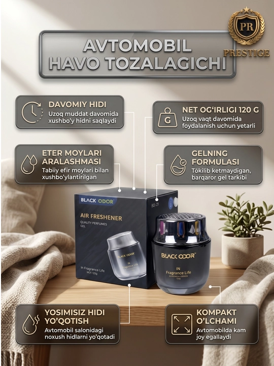 Avtomobil va uy uchun Black Odor BO-21 gelli aromatizator, hid yo'qotuvchi, 120g