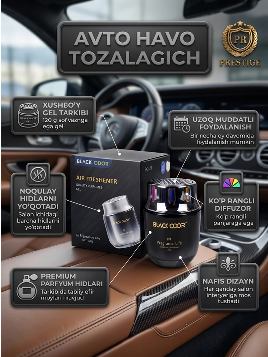 Avtomobil va uy uchun Black Odor BO-21 gelli aromatizator, hid yo'qotuvchi, 120g - 