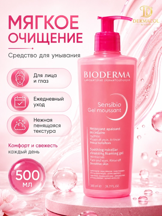 Мягкий гель для умывания лица Sensibio Moussant Bioderm для ежедневного ухода 500 мл - 