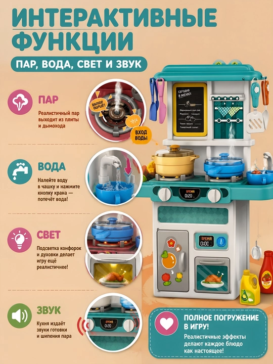 Bolalar uchun oshxona o'yinchoq to'plami, suv va bug' effektli oshxona