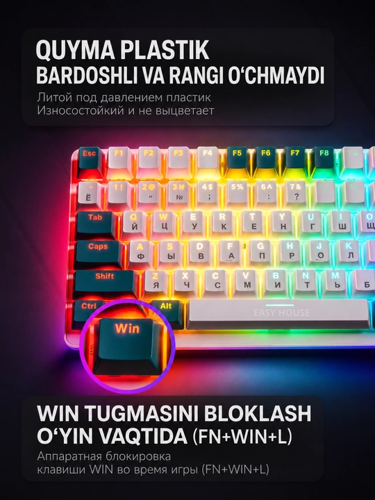 Mexanik klaviatura RGB yoritgichli, o'yin uchun keyboard, 100 tugma, qizil svitchlar