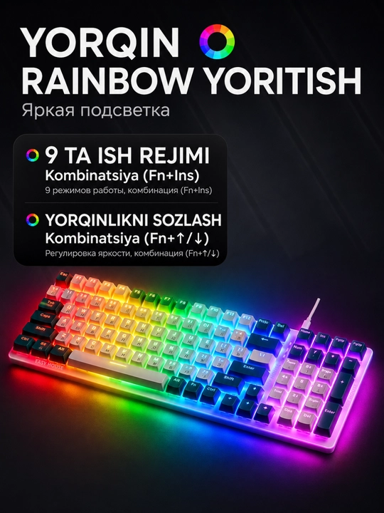 Mexanik klaviatura RGB yoritgichli, o'yin uchun keyboard, 100 tugma, qizil svitchlar