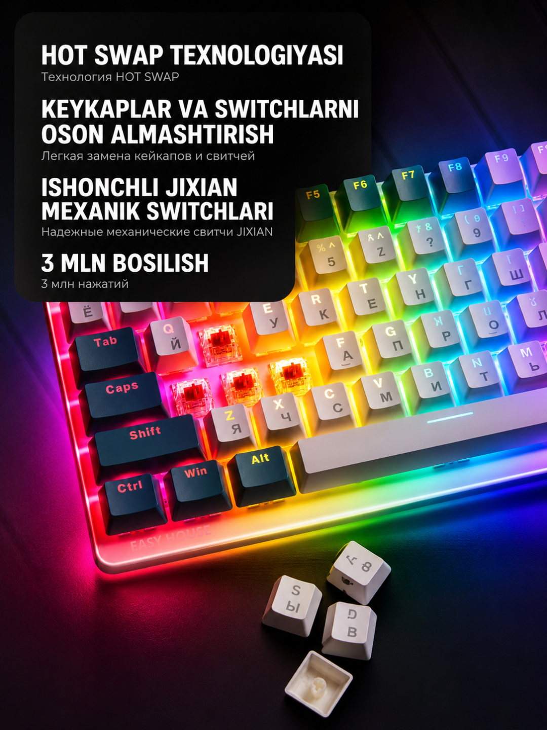 Mexanik klaviatura RGB yoritgichli, o'yin uchun keyboard, 100 tugma, qizil svitchlar