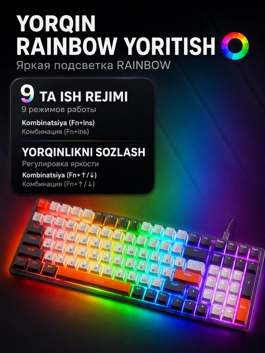 Mexanik klaviatura RGB yoritgichli, o'yin uchun keyboard, 100 tugma, qizil svitchlar