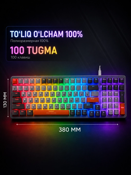 Mexanik klaviatura RGB yoritgichli, o'yin uchun keyboard, 100 tugma, qizil svitchlar